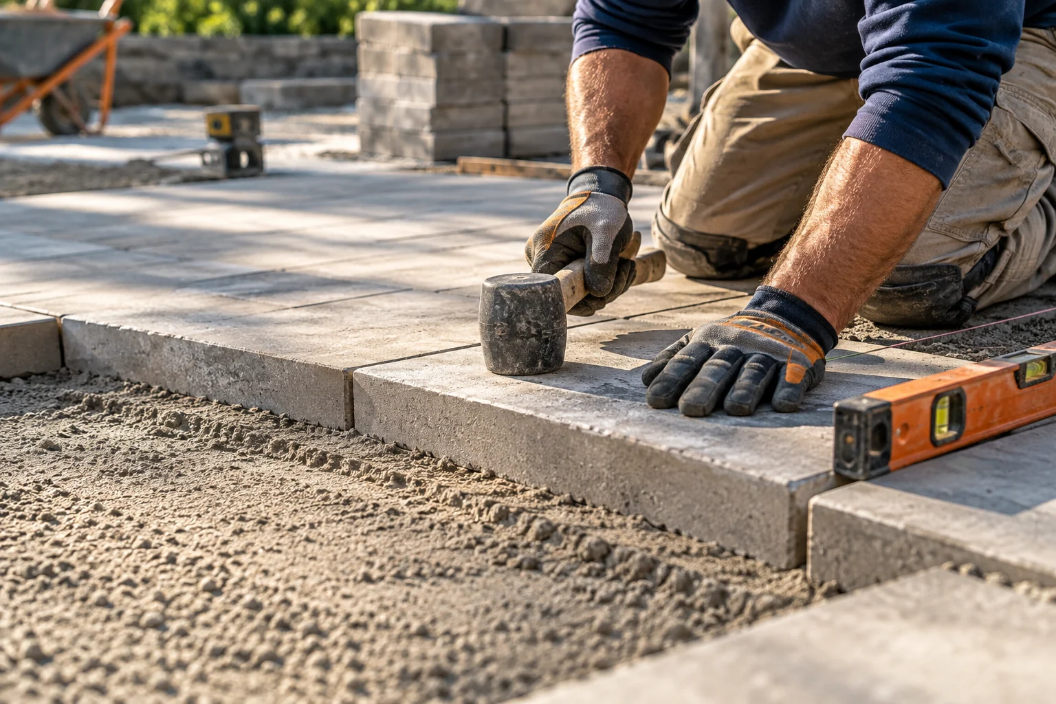 Contractor setting a paver with a rubber mallet next to a level