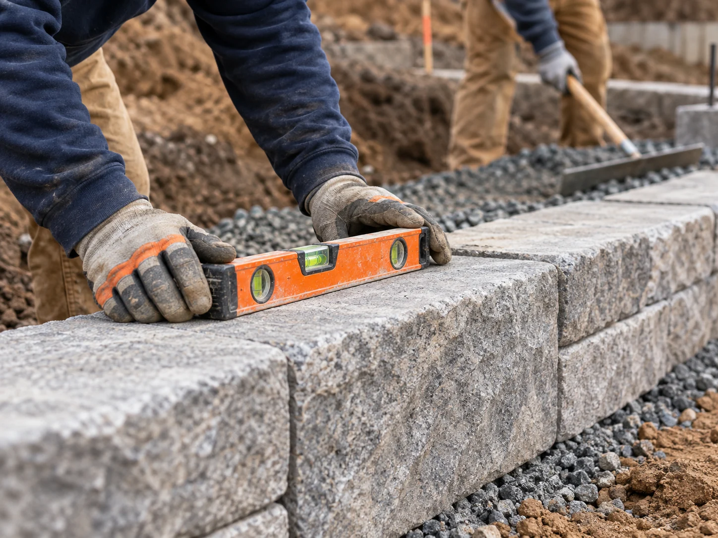 Contractor checking a retaining wall block with an orange level