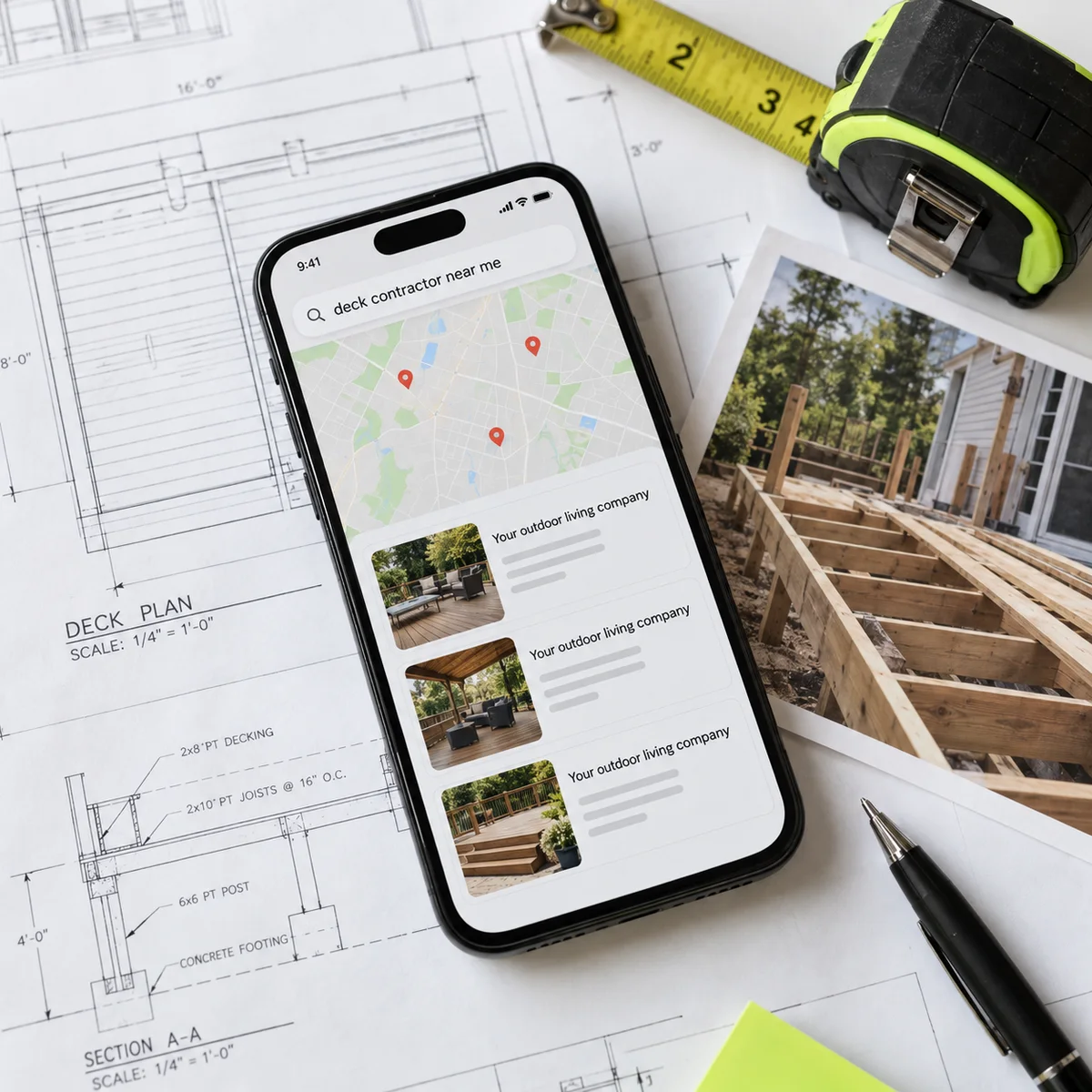 Phone showing a local map search for an outdoor living company, on top of construction plans