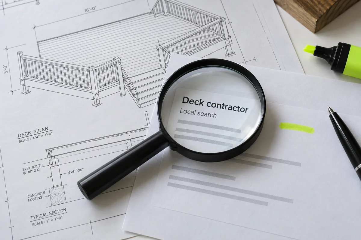 Magnifying glass over a local search results printout on a deck plan