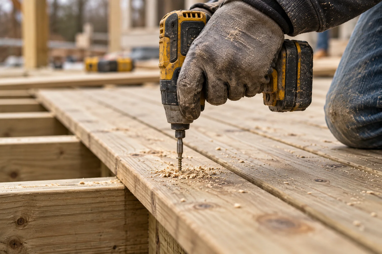 Gloved hand driving a screw into timber decking during installation