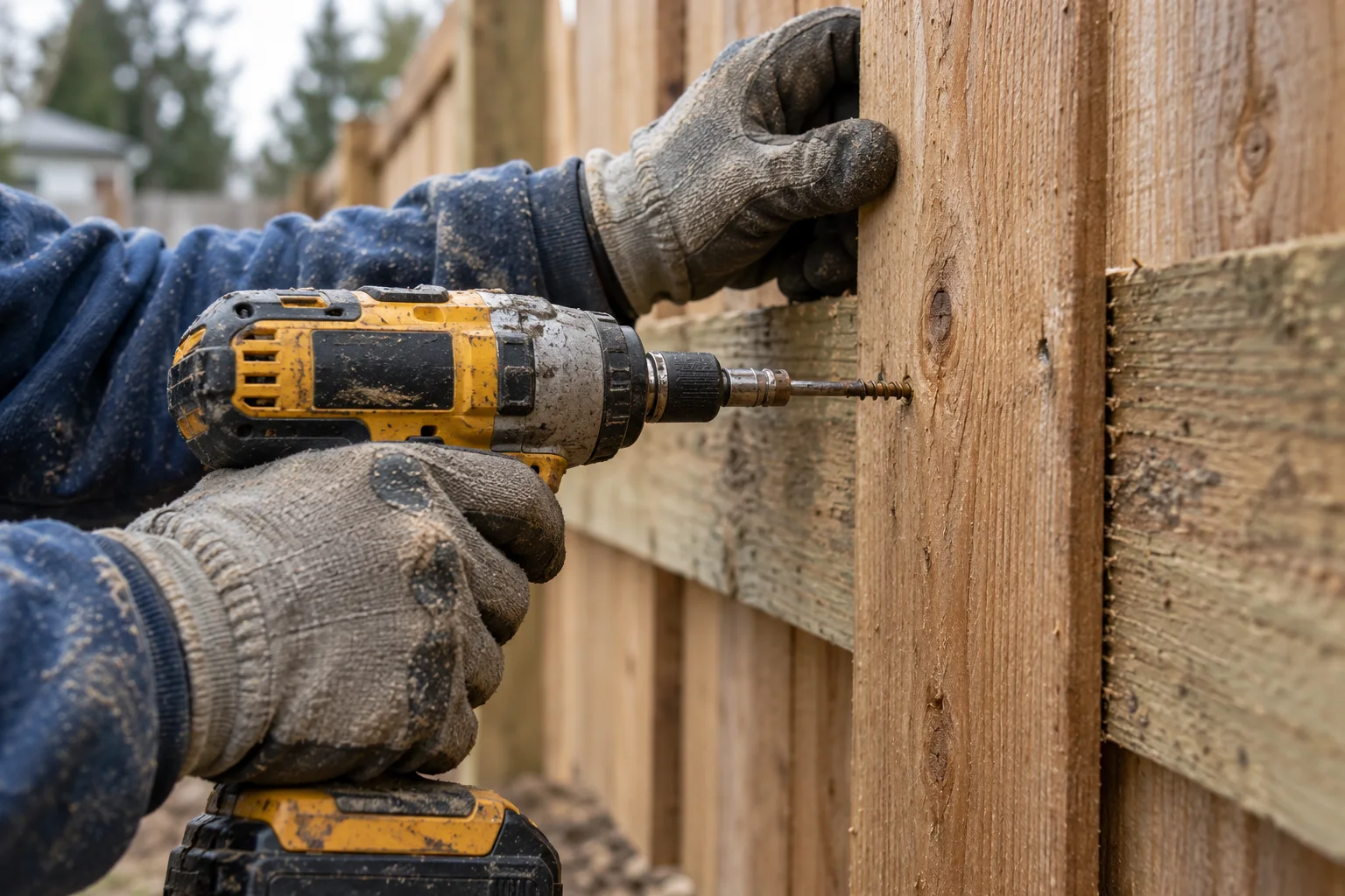 Gloved hands fastening a cedar fence board with a cordless drill