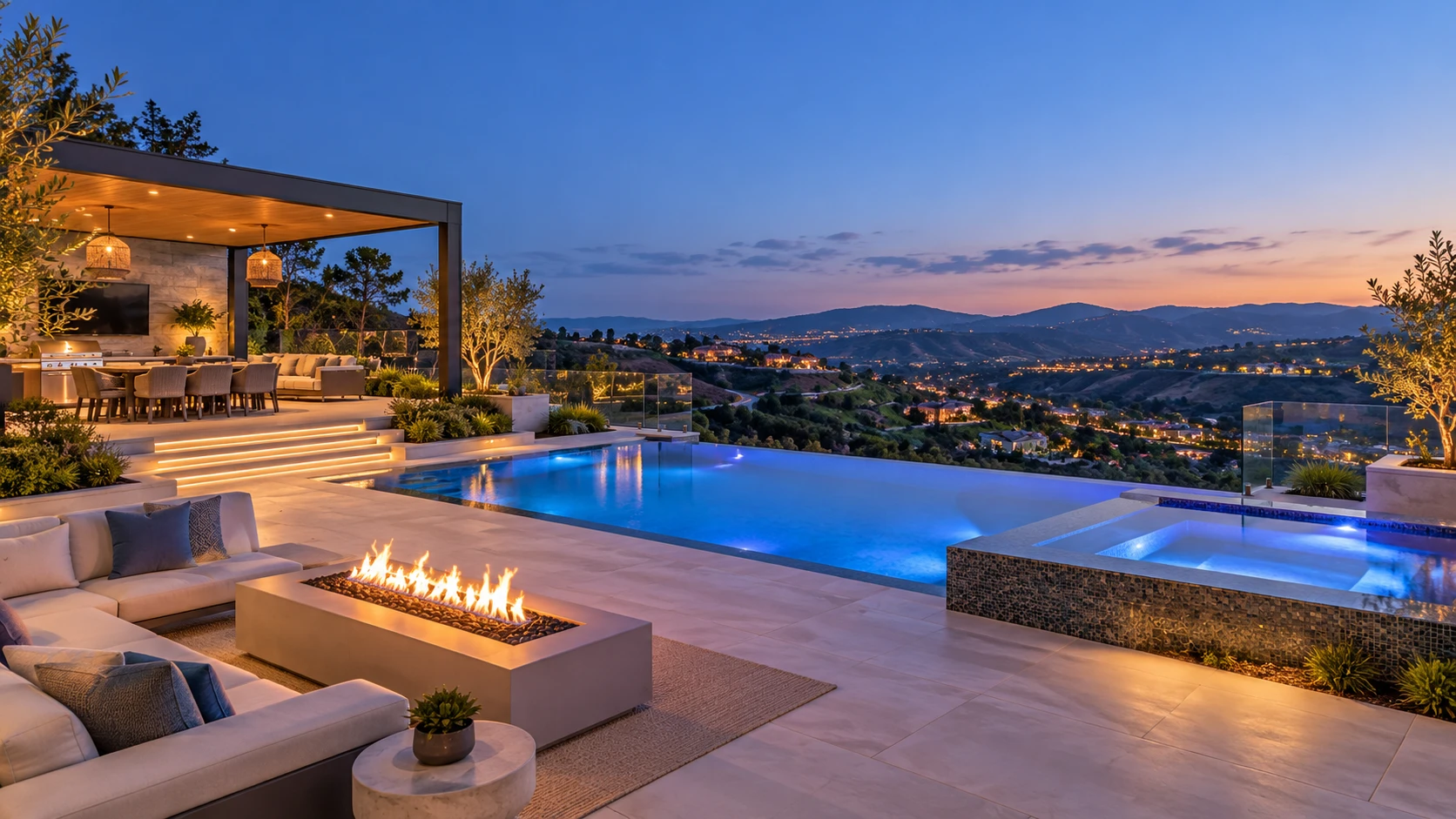 Hillside outdoor living space at dusk with infinity pool, spa, fire pit lounge, and covered outdoor kitchen